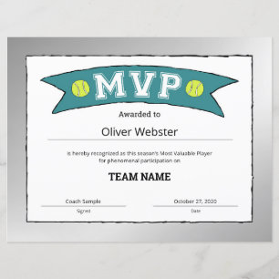 Papier Joueur MVP - Certificats MVP - Certificat de tenni
