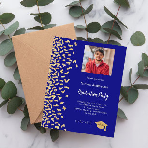 Papier Jour de graduation marine bleu or photo invitation