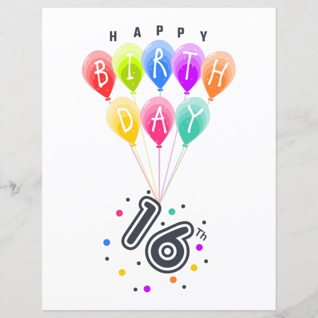 Papier Joyeux 16ème anniversaire avec des ballons colorés (Devant)