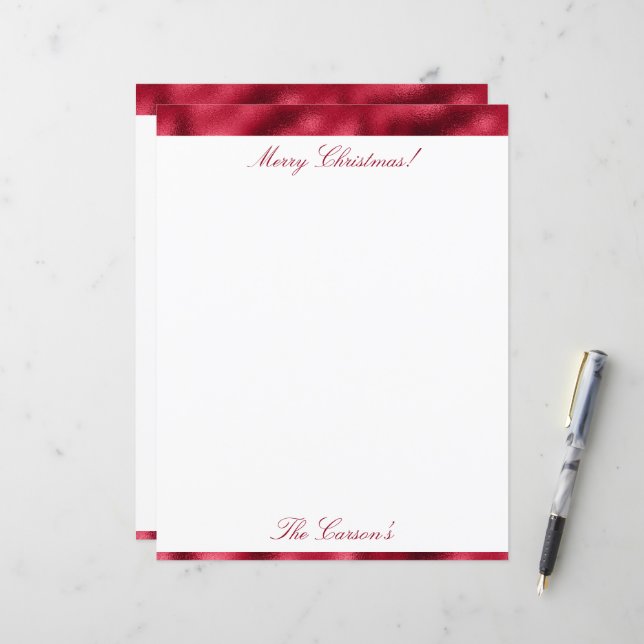 Papier Joyeux Noël Rouge Élégant Métallique Stationnaire (Devant/Arrière en situation)