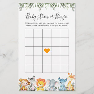 Papier Jungle Animaux Baby shower Bingo Jeu