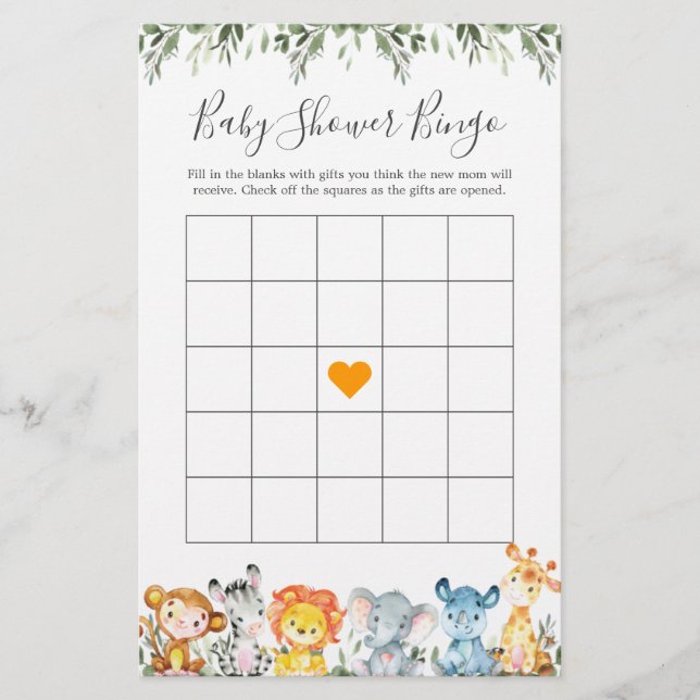 Papier Jungle Animaux Baby shower Bingo Jeu (Devant)
