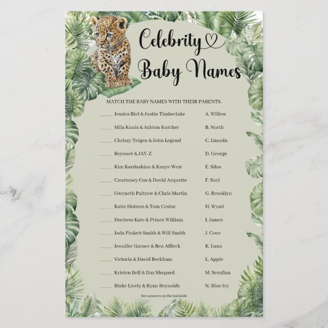 Papier Jungle Safari Animaux Celebrity Baby Names jeu (Devant)