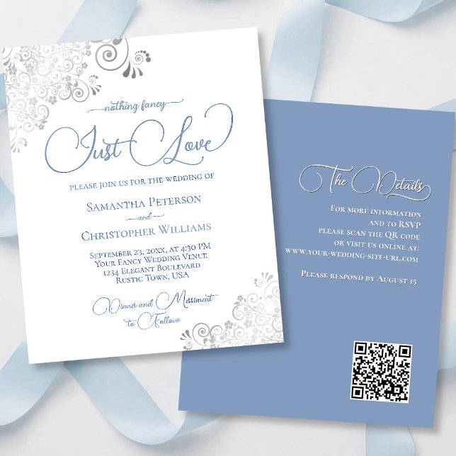 Papier Just Love Blue QR Code BUDGET Mariage Inviter (front/back)