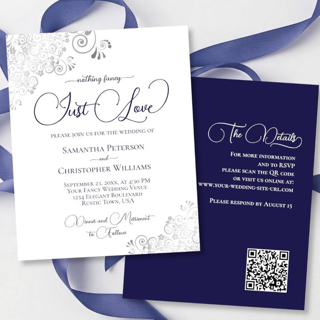 Papier Just Love Navy Blue QR Code BUDGET Mariage Inviter (Front/Back)