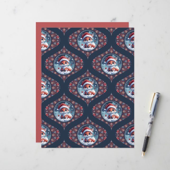 Papier Kawaii Christmas Fox Dot Mandala Ogee Damask Papie (Devant/Arrière en situation)
