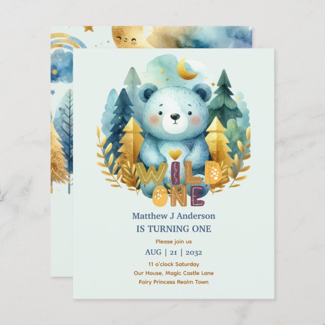 Papier Kawaii WILD ONE 1er anniversaire Boys BEAR Woodlan (Devant / Derrière)