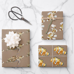 Papier Kraft Aquarelle Tortue de mer et poisson