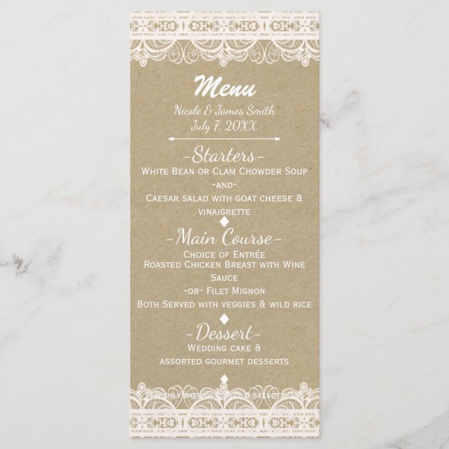 Papier Kraft Brun & Menu en Dentelle Blanche Rusti (Devant)
