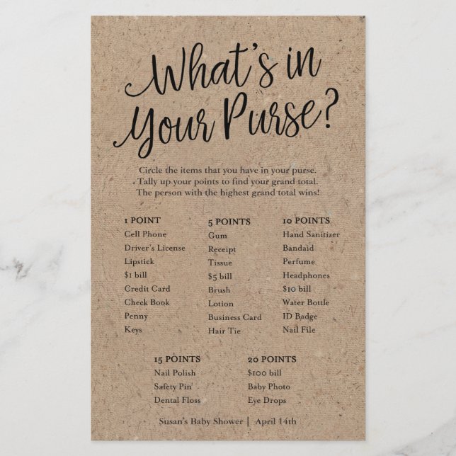 Papier Kraft What's in Your Purse Baby shower Game Card (Devant)