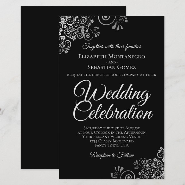 Papier Lacy Silver sur Black BUDGET Mariage inviter grand (Devant / Derrière)