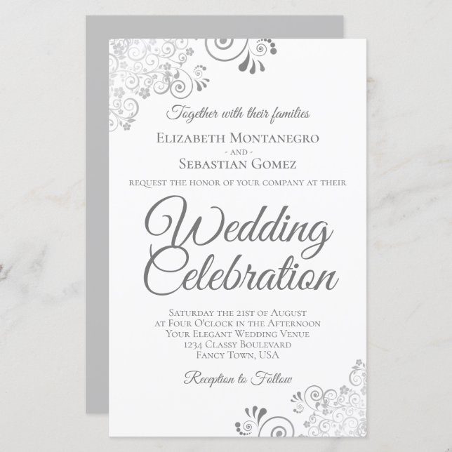 Papier Lacy Silver & White BUDGET Mariage Inviter Grand (Devant / Derrière)