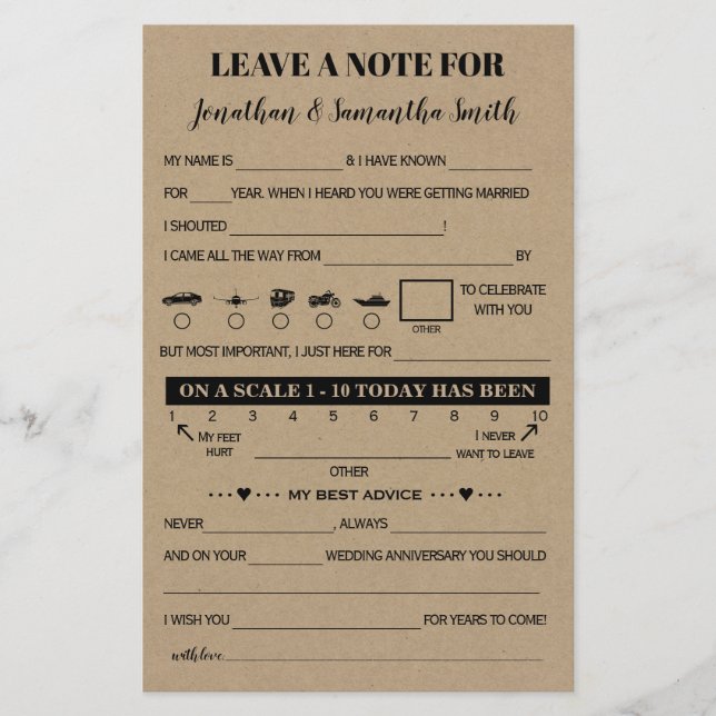 Papier Laisser une note pour le mariage rustique bilingue (Devant)