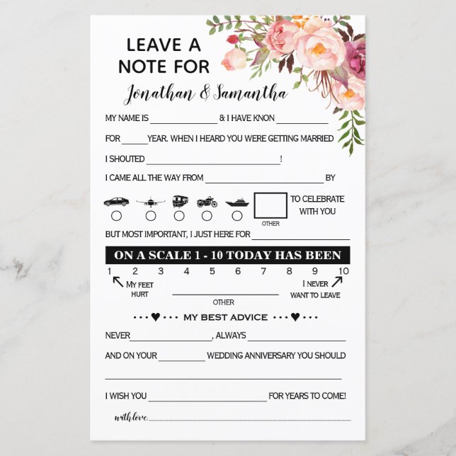Papier Laissez une note pour jeune mariée bilingue mariag (Devant)