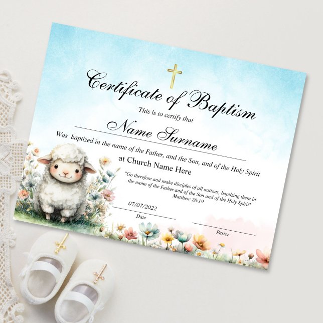 Papier Lamb Certificate of Baptism, Baby Dedication (certificate of baptism with cute lamb illustration)