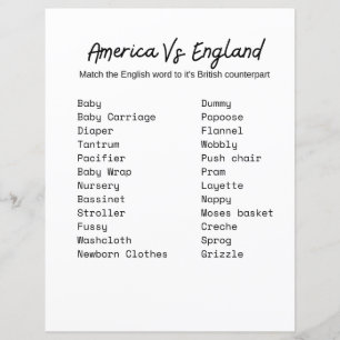 Papier L'Amérique contre l'Angleterre Baby shower Game