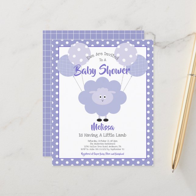 Papier Lampe violette Budget Baby shower mignon Invitatio (Devant/Arrière en situation)
