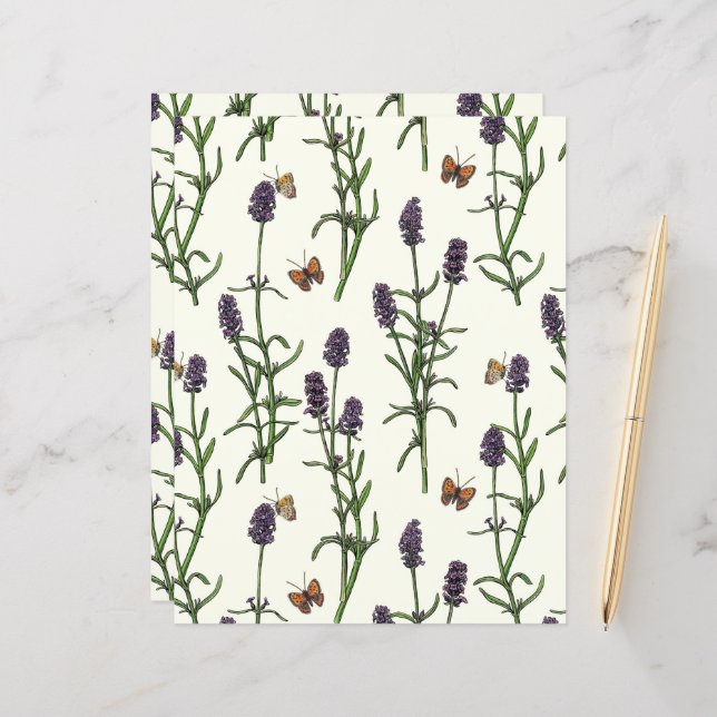 Papier Lavande et papillons sur blanc (Devant/Arrière en situation)