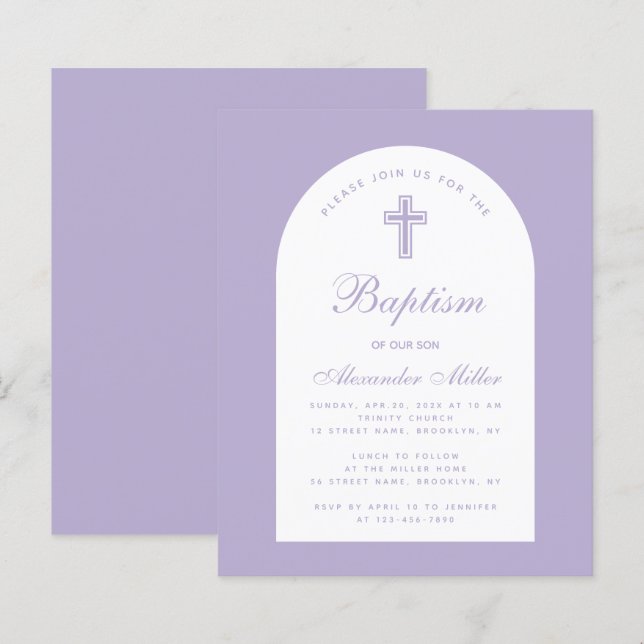 Papier Lavender Budget Arch Purple Boy Baptême Invitation (Devant / Derrière)