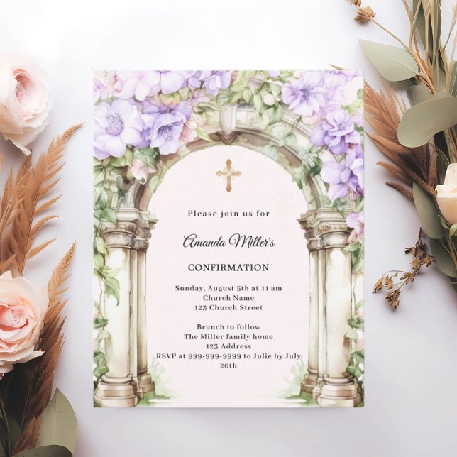 Papier Lavender florals arch girl Confirmation invitation (Créateur téléchargé)
