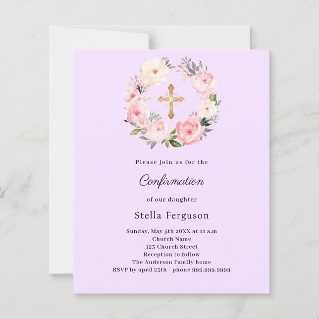 Papier Lavender florals cross Confirmation invitation (Devant)