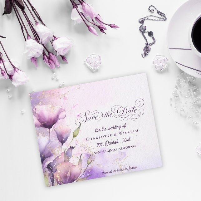 Papier Lavender Gold Floral Wedding Save the Date (Lavender Gold Floral Wedding Save the Date)