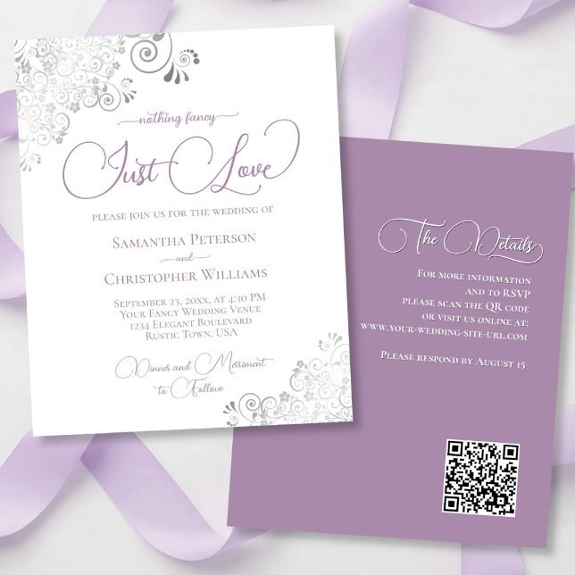 Papier Lavender Silver QR Code BUDGET Mariage Invitation (front/back)