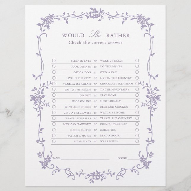 Papier Lavender 'Would She Rather' Bridal Shower Game (Devant)