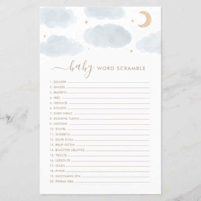 Papier Le Baby shower de Word Scamble Jeu sur la Lune (Devant)