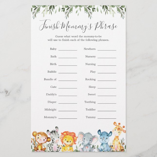 Papier Le Baby shower des animaux de la jungle terminer l (Devant)