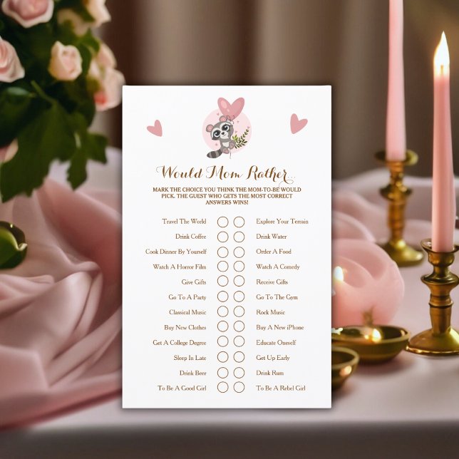 Papier Le Baby shower Raccoon Mignonne Jeu Maman Plutôt.. (Cute Raccoon Baby Shower Game Would Mom Rather..)