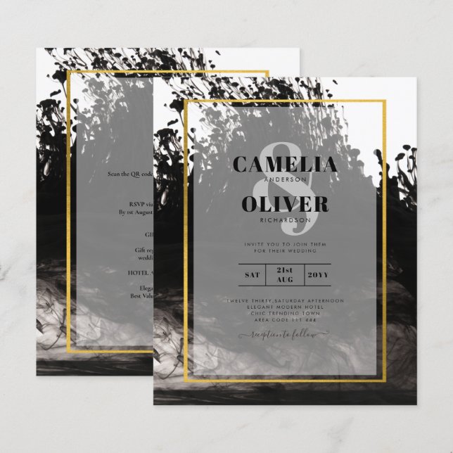 Papier LeahG Black Gold INK Mariage Abstrait Invitation (Devant / Derrière)
