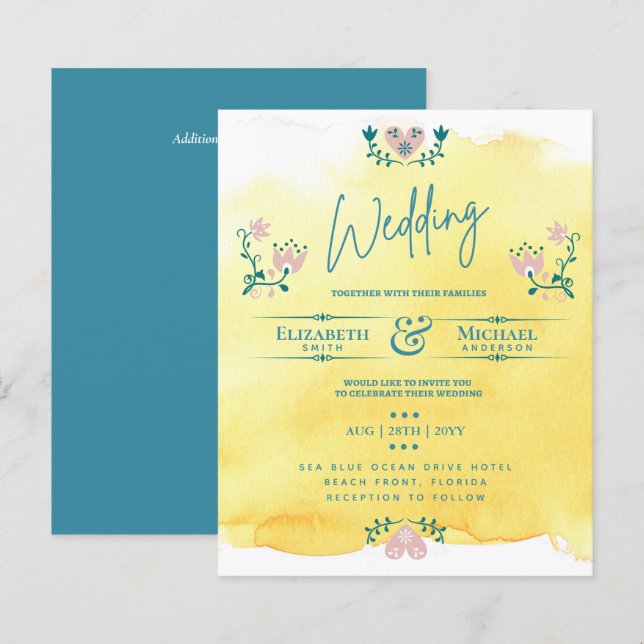 Papier LeahG BUDGET Mariage Inviter Folk Art Jaune Turquo (Devant / Derrière)