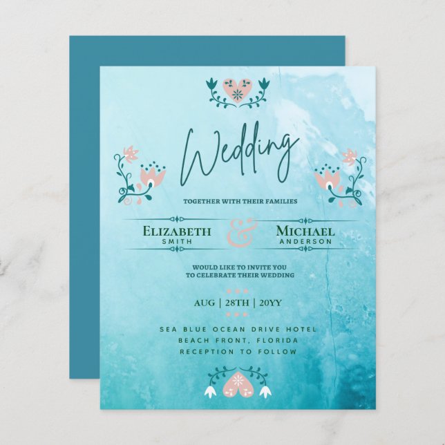 Papier LeahG BUDGET Mariage Inviter Folk Art Turquoise ro (Devant / Derrière)