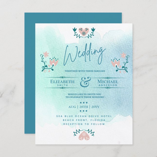 Papier LeahG BUDGET Mariage Inviter Folk Art Turquoise ro (Devant / Derrière)