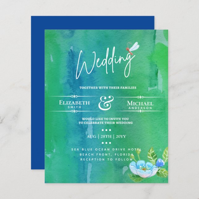 Papier LeahG BUDGET Mariage Inviter Garden Pond Aquarelle (Devant / Derrière)