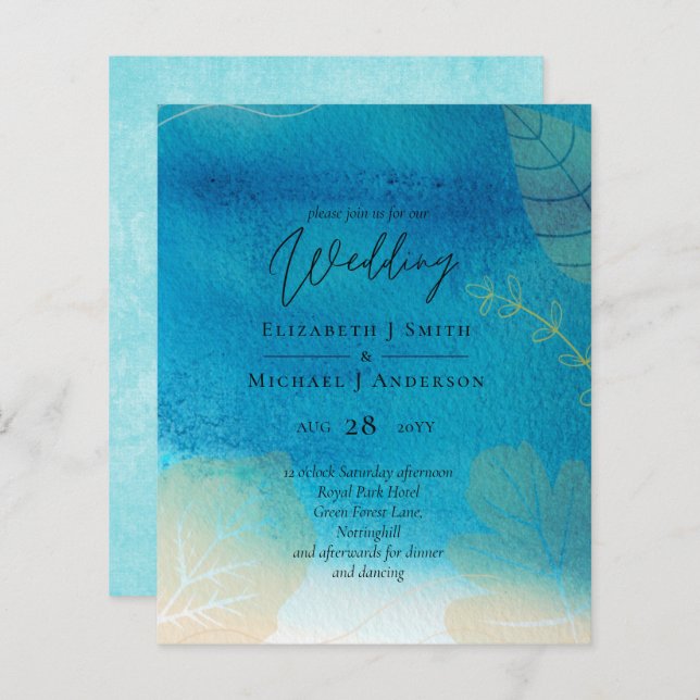 Papier LeahG BUDGET Mariage Océan bleu aquarelle (Devant / Derrière)
