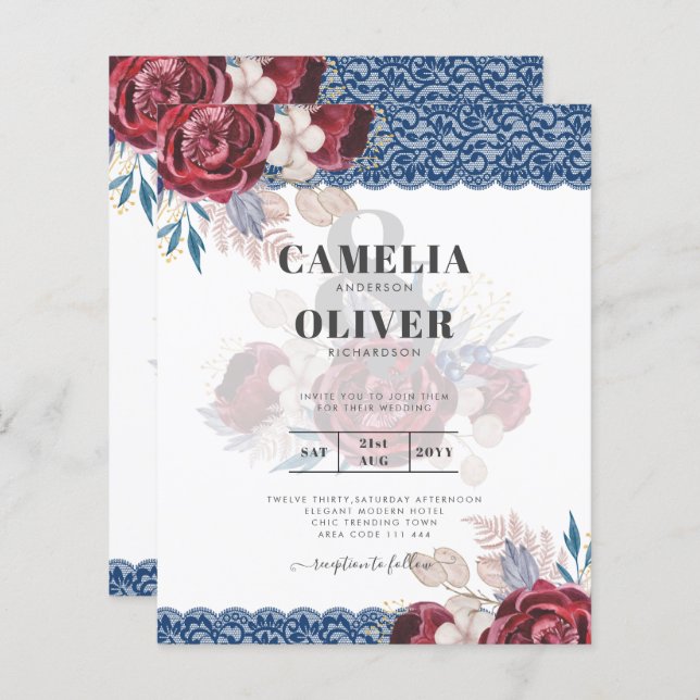 Papier LeahG Burgundy Roses dentelle Invitation Mariage d (Devant / Derrière)