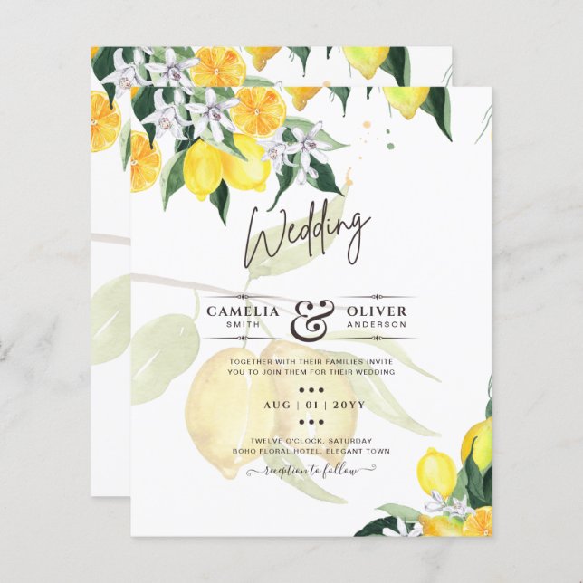 Papier LeahG Citrus Lemons Budget Mariage Inviter Jaune (Devant / Derrière)