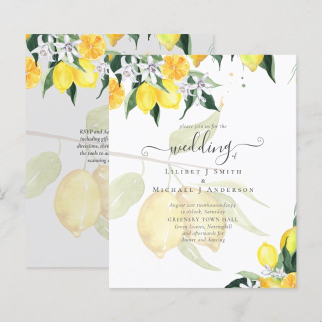 Papier LeahG Citrus Mariage de citrons jaunes Invite (Devant / Derrière)