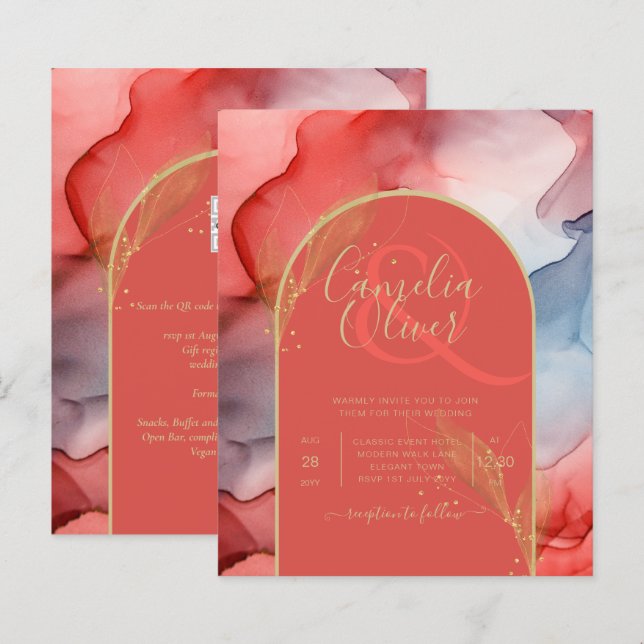 Papier LeahG Coral Navy Blue Gold INK Wedding INVITE (Devant / Derrière)