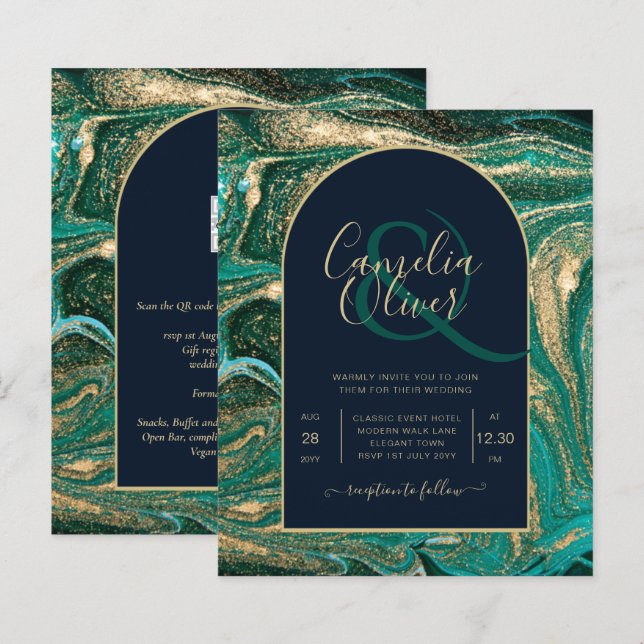Papier LeahG Emerald Green Gold Agate Mariage Invitation (Devant / Derrière)