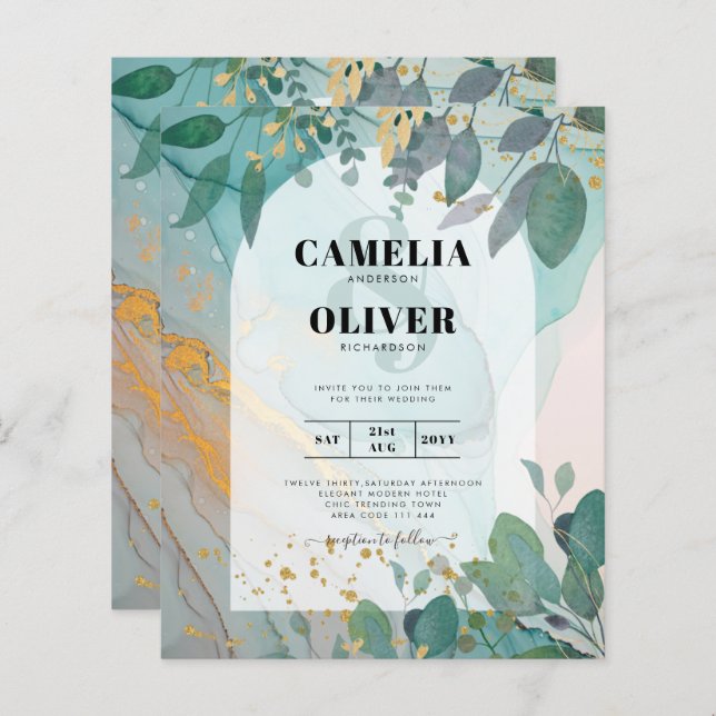 Papier LeahG encre de seaglass Turquoise or vert Mariage  (Devant / Derrière)