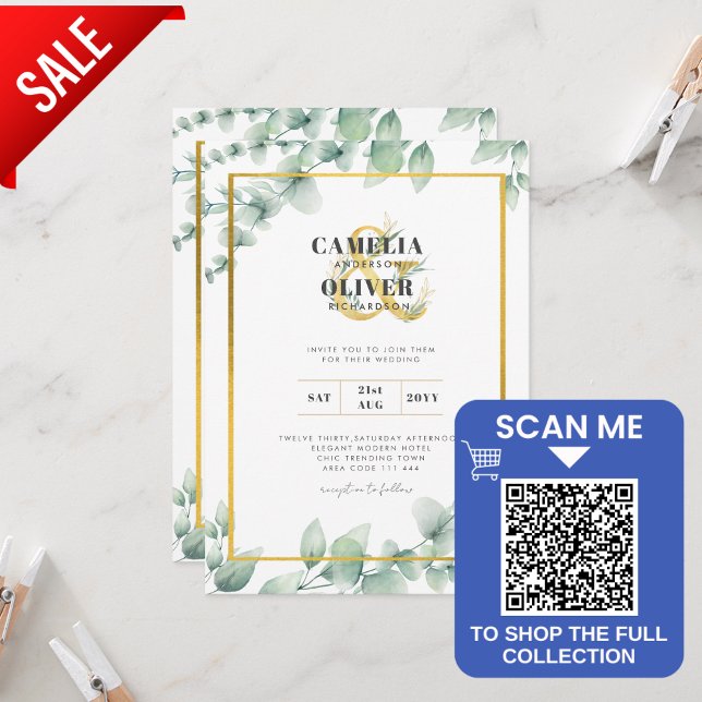 Papier LeahG Eucalyptus Green Gold MARIAGE QR CODE Inv (Créateur téléchargé)