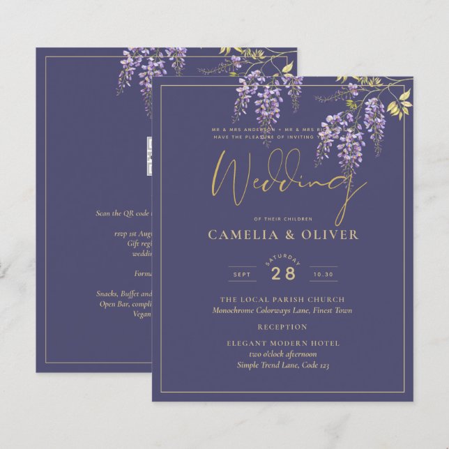 Papier LeahG Faire-part de mariage floral WISTERIA or vio (Devant / Derrière)