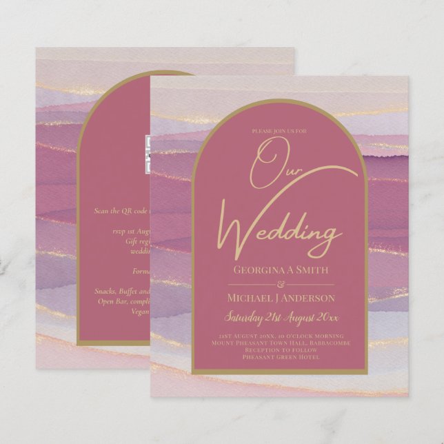 Papier LeahG Fairepart de mariage Rose poudrée Lavande Or (Devant / Derrière)