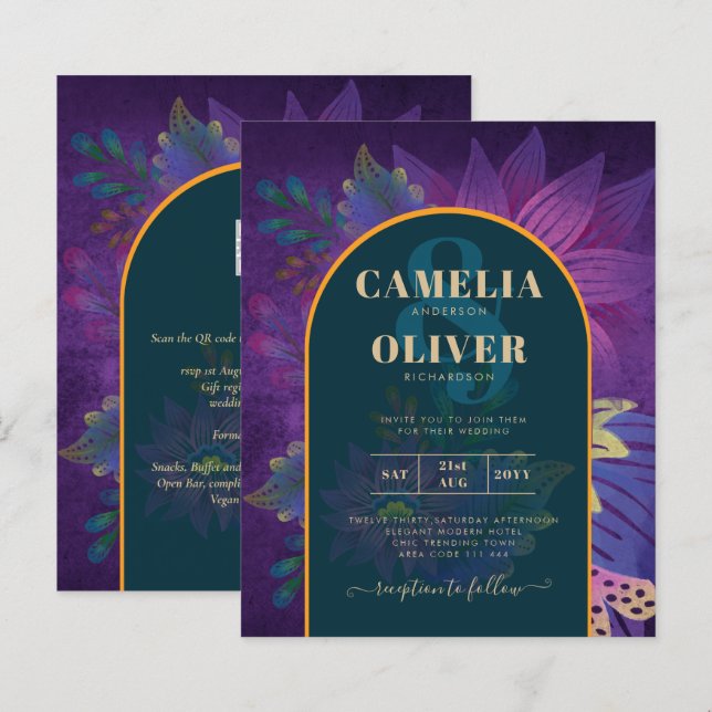 Papier LeahG Green Purple Gold JEWEL TONES Mariage INVITE (Devant / Derrière)