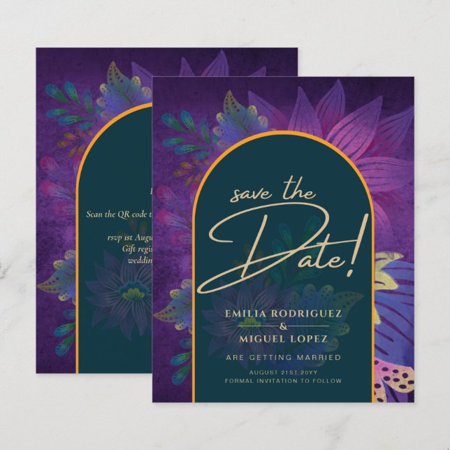Papier LeahG Green Purple Gold JEWEL TONES Mariage INVITE (Devant / Derrière)