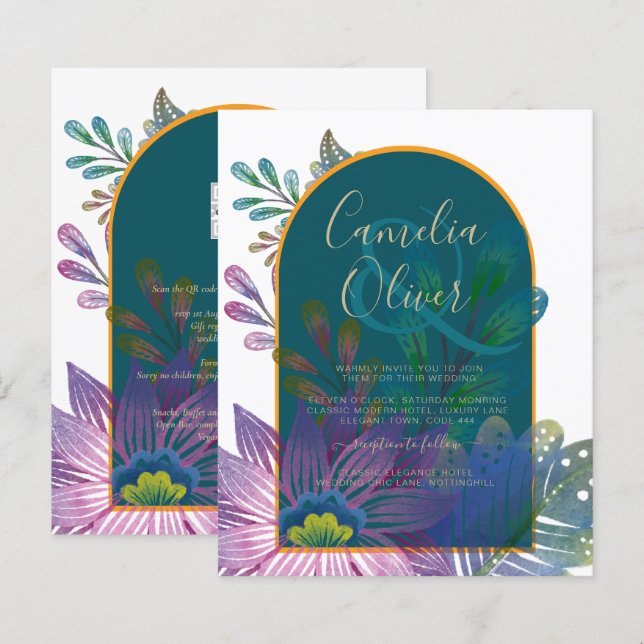 Papier LeahG Green Purple Gold JEWEL TONES Mariage INVITE (Devant / Derrière)