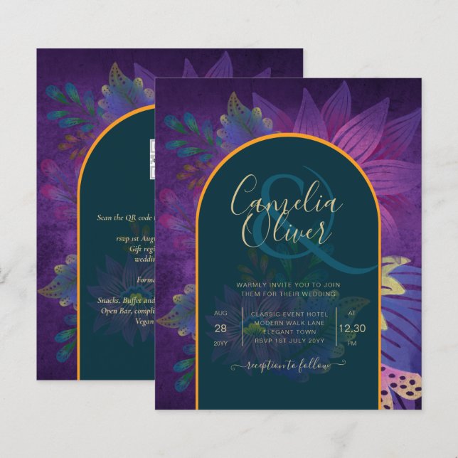 Papier LeahG Green Purple Gold JEWEL TONES Mariage INVITE (Devant / Derrière)